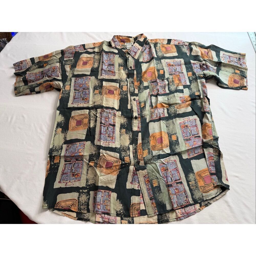 Vintage PURE 100% Silk Shirt Mens Large Abstract Geometric Print Button Front